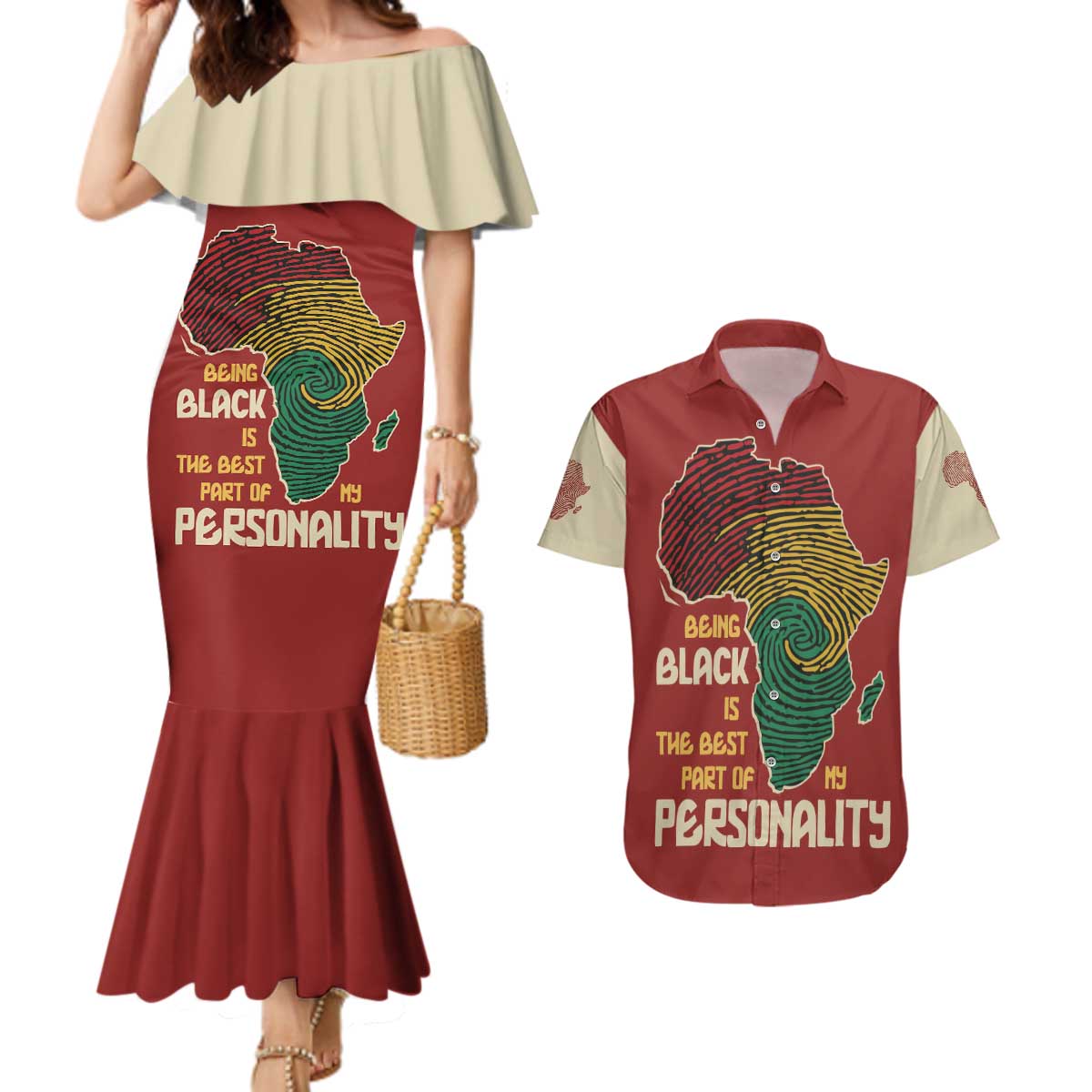 Being Black Is The Best Part Of My Personality Couples Matching Mermaid Dress and Hawaiian Shirt African Map Fingerprint