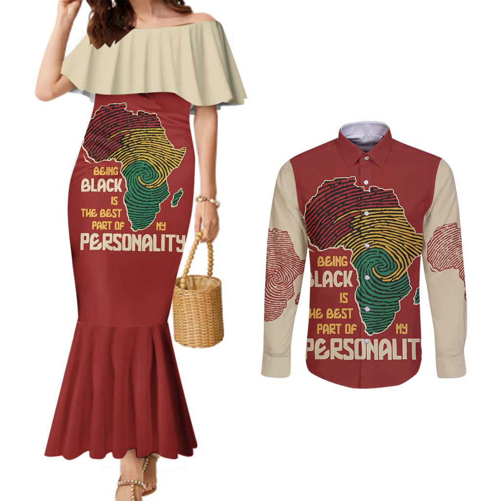 Being Black Is The Best Part Of My Personality Couples Matching Mermaid Dress and Long Sleeve Button Shirt African Map Fingerprint