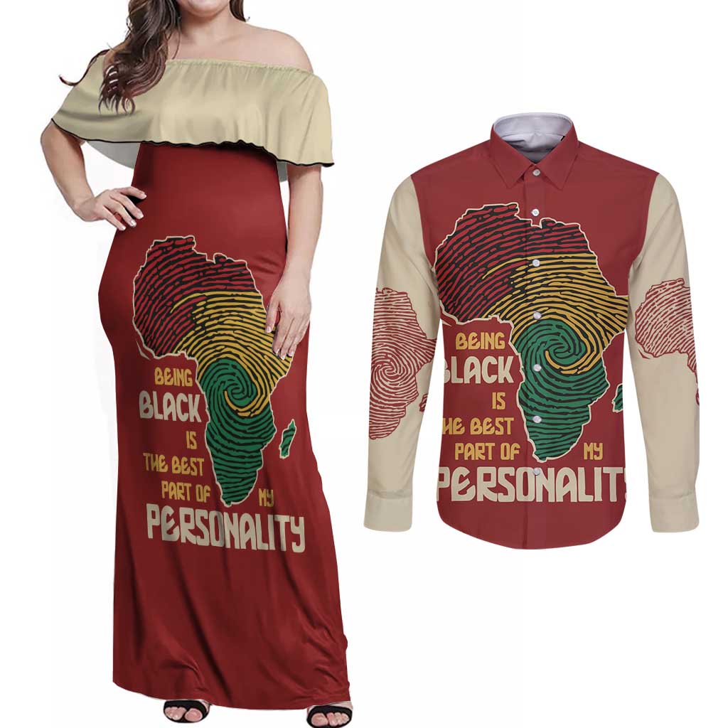 Being Black Is The Best Part Of My Personality Couples Matching Off Shoulder Maxi Dress and Long Sleeve Button Shirt African Map Fingerprint
