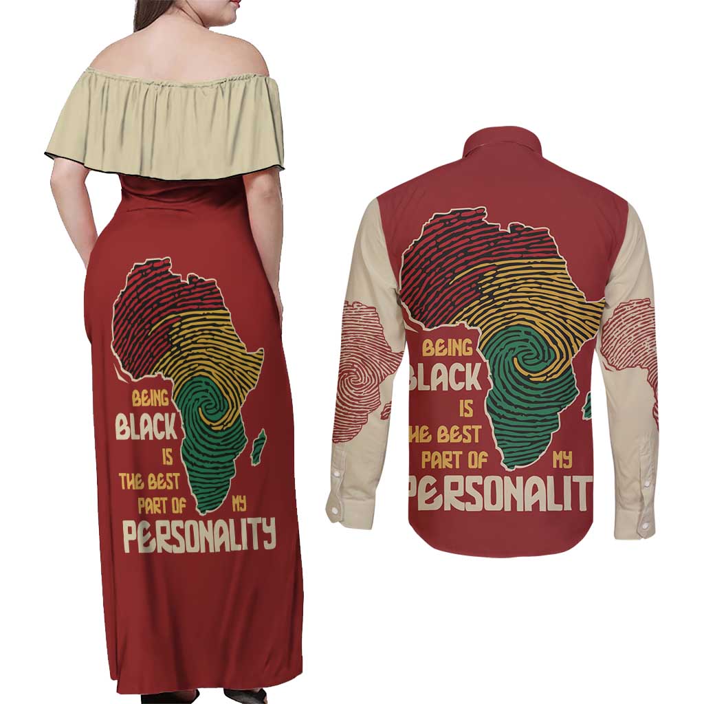 Being Black Is The Best Part Of My Personality Couples Matching Off Shoulder Maxi Dress and Long Sleeve Button Shirt African Map Fingerprint