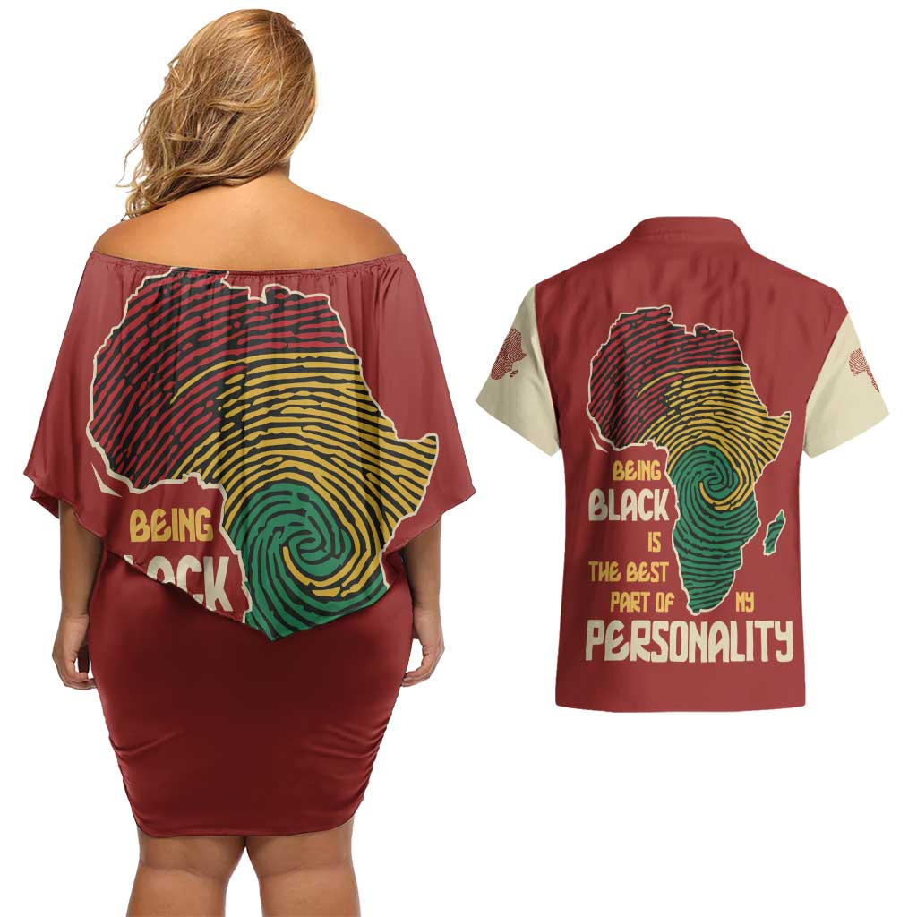 Being Black Is The Best Part Of My Personality Couples Matching Off Shoulder Short Dress and Hawaiian Shirt African Map Fingerprint