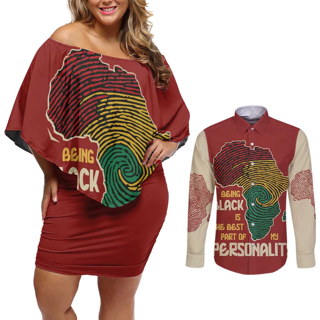 Being Black Is The Best Part Of My Personality Couples Matching Off Shoulder Short Dress and Long Sleeve Button Shirt African Map Fingerprint