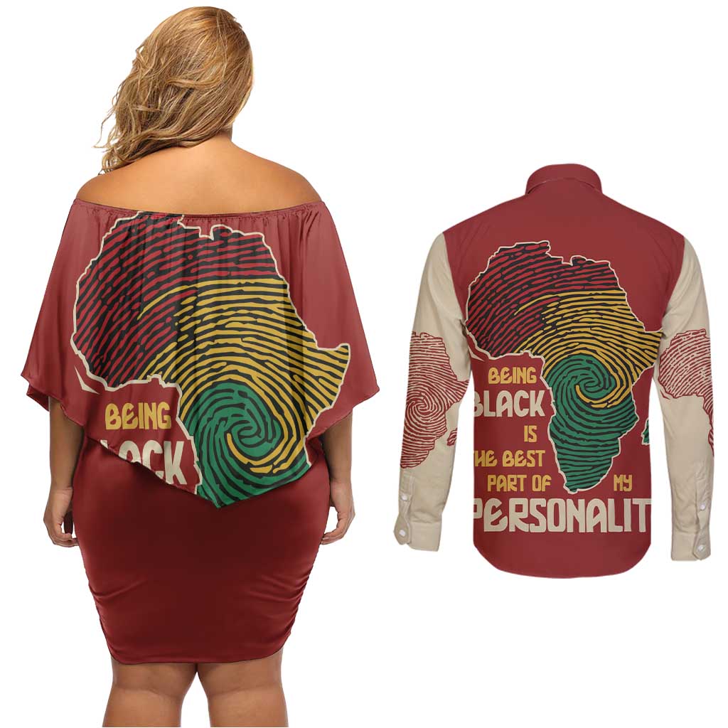 Being Black Is The Best Part Of My Personality Couples Matching Off Shoulder Short Dress and Long Sleeve Button Shirt African Map Fingerprint