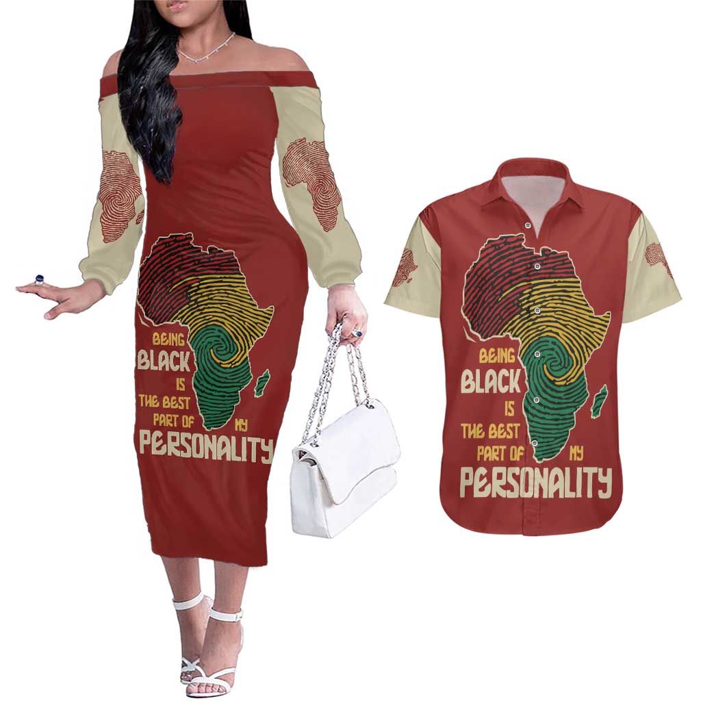 Being Black Is The Best Part Of My Personality Couples Matching Off The Shoulder Long Sleeve Dress and Hawaiian Shirt African Map Fingerprint