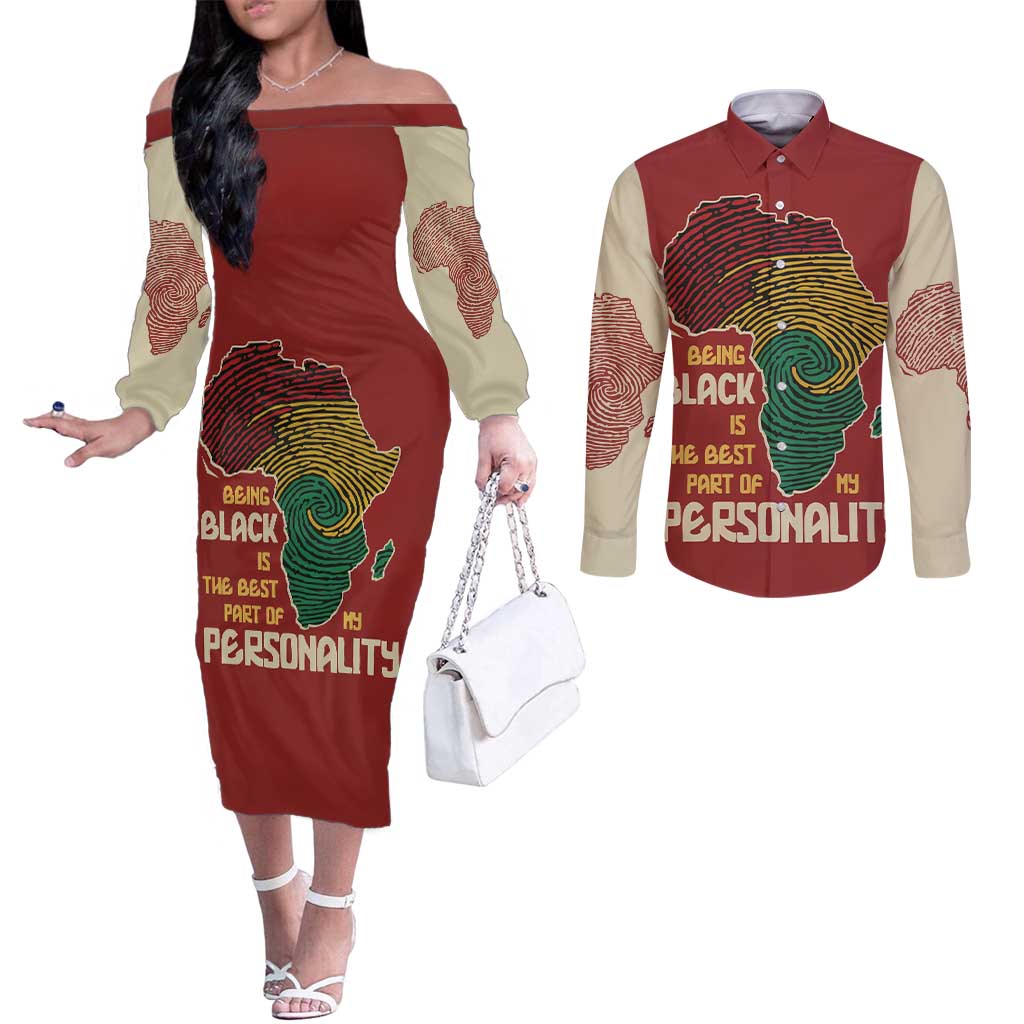 Being Black Is The Best Part Of My Personality Couples Matching Off The Shoulder Long Sleeve Dress and Long Sleeve Button Shirt African Map Fingerprint
