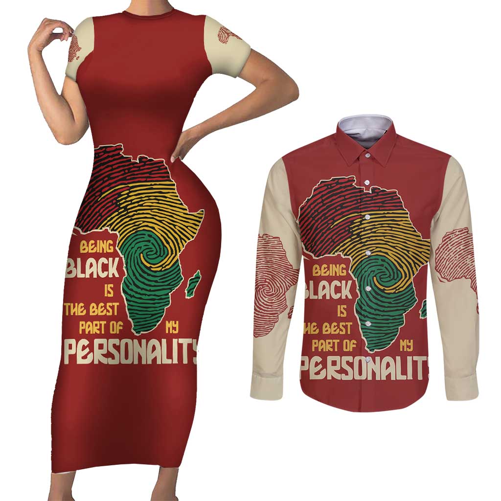 Being Black Is The Best Part Of My Personality Couples Matching Short Sleeve Bodycon Dress and Long Sleeve Button Shirt African Map Fingerprint
