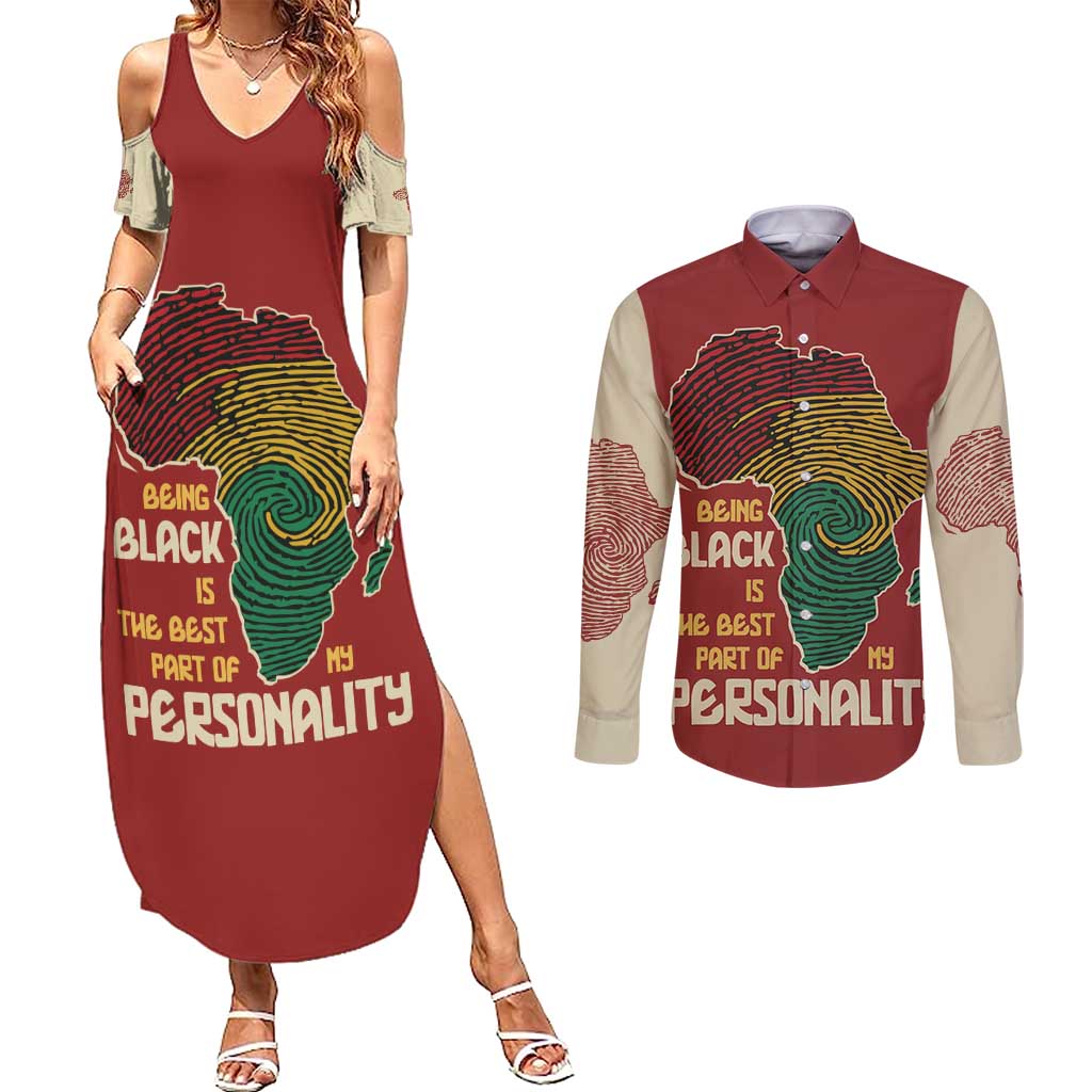 Being Black Is The Best Part Of My Personality Couples Matching Summer Maxi Dress and Long Sleeve Button Shirt African Map Fingerprint