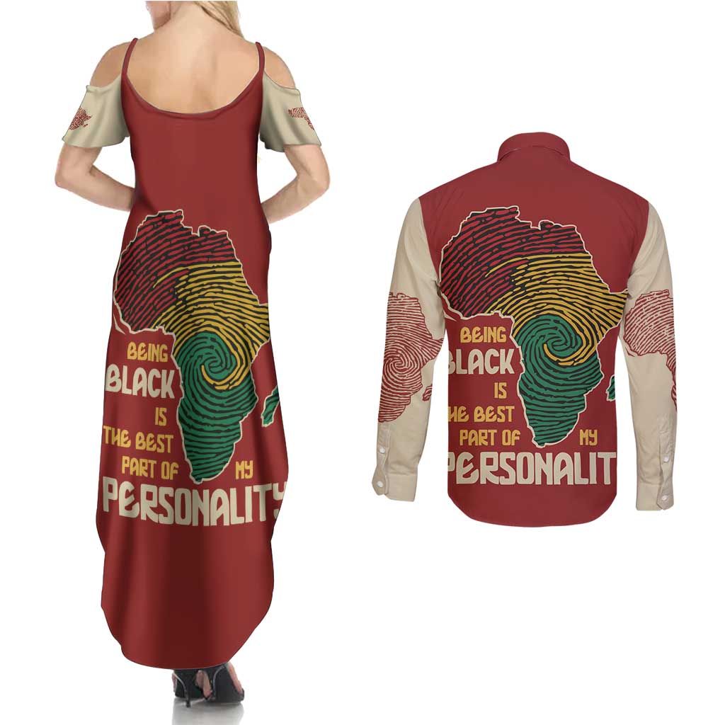Being Black Is The Best Part Of My Personality Couples Matching Summer Maxi Dress and Long Sleeve Button Shirt African Map Fingerprint
