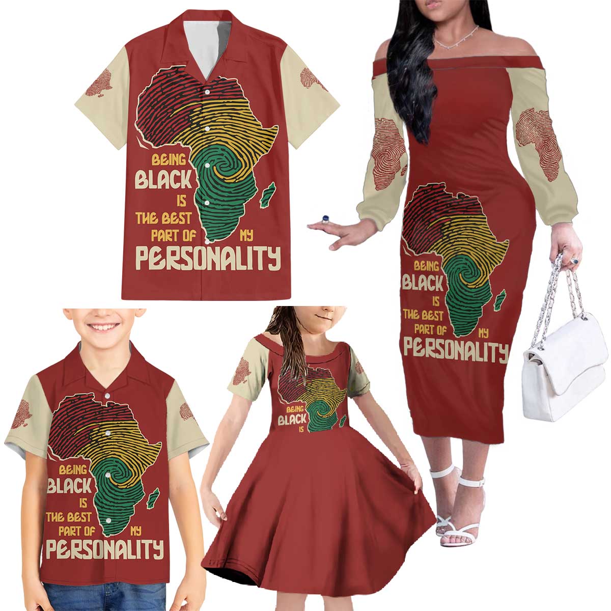 Being Black Is The Best Part Of My Personality Family Matching Off The Shoulder Long Sleeve Dress and Hawaiian Shirt African Map Fingerprint