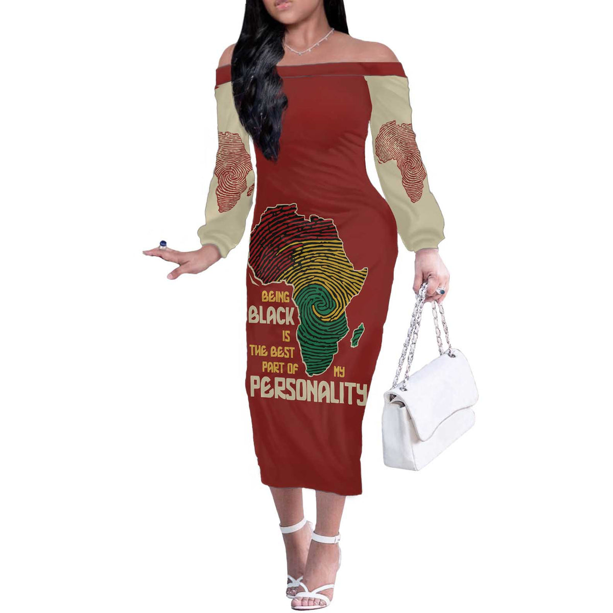 Being Black Is The Best Part Of My Personality Off The Shoulder Long Sleeve Dress African Map Fingerprint