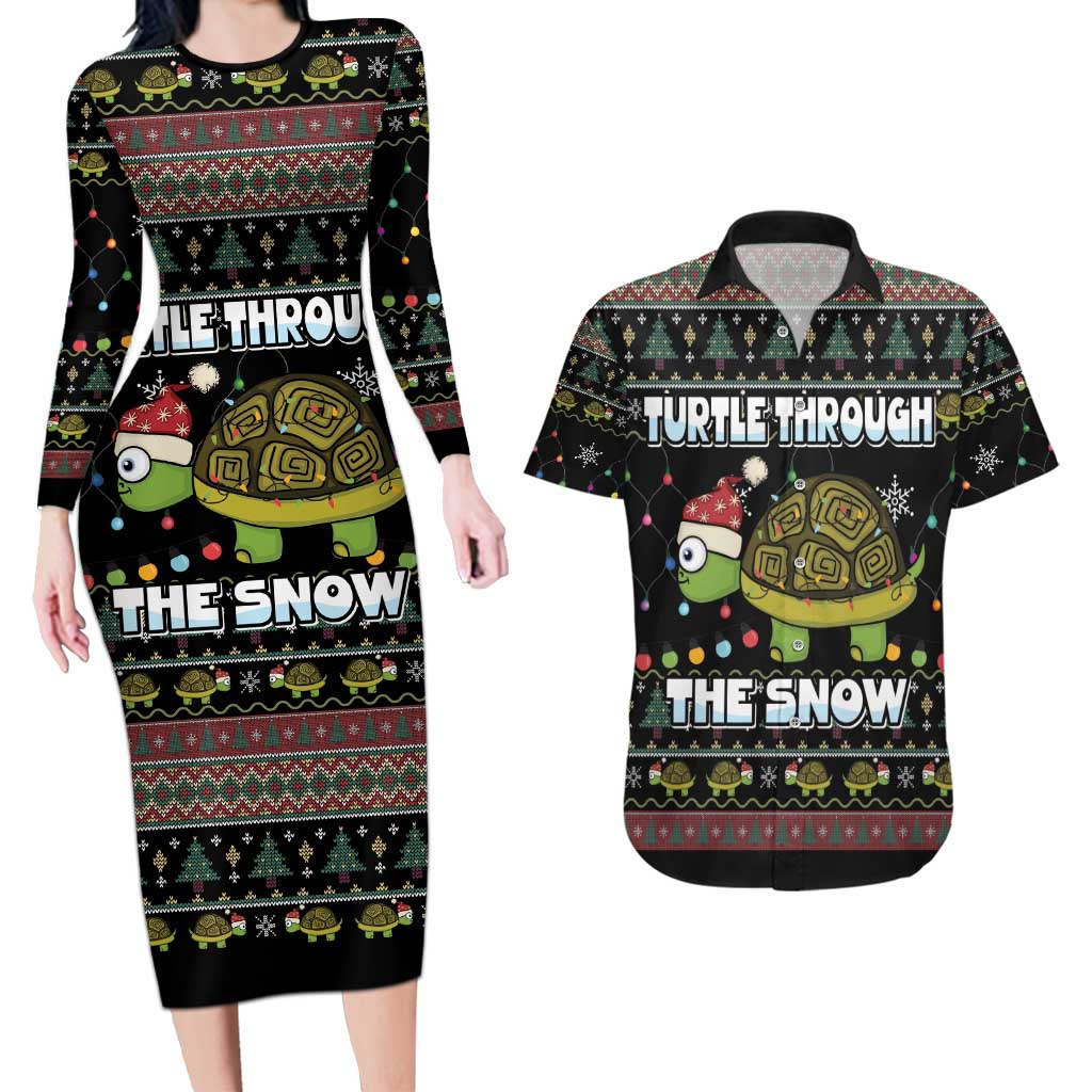 Turtle Through The Snow Christmas Couples Matching Long Sleeve Bodycon Dress and Hawaiian Shirt - Wonder Print Shop