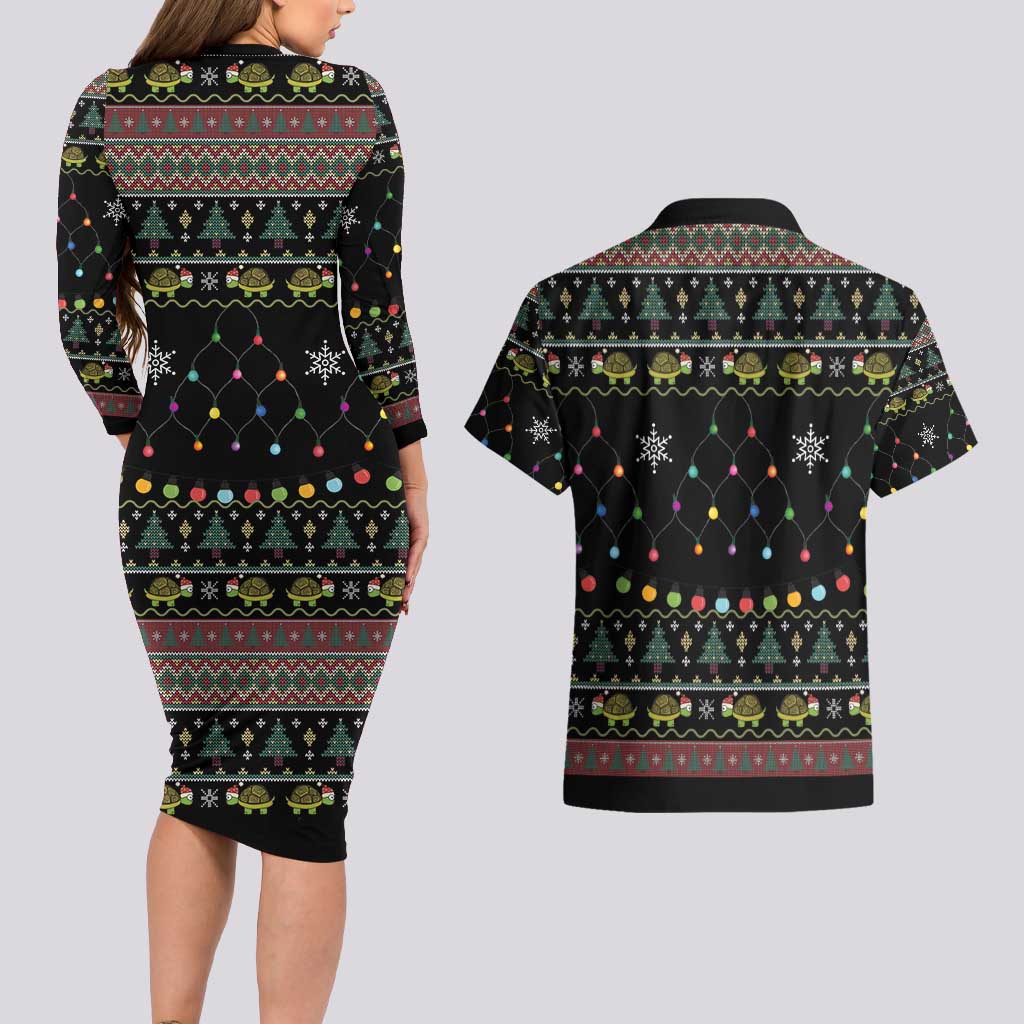 Turtle Through The Snow Christmas Couples Matching Long Sleeve Bodycon Dress and Hawaiian Shirt - Wonder Print Shop