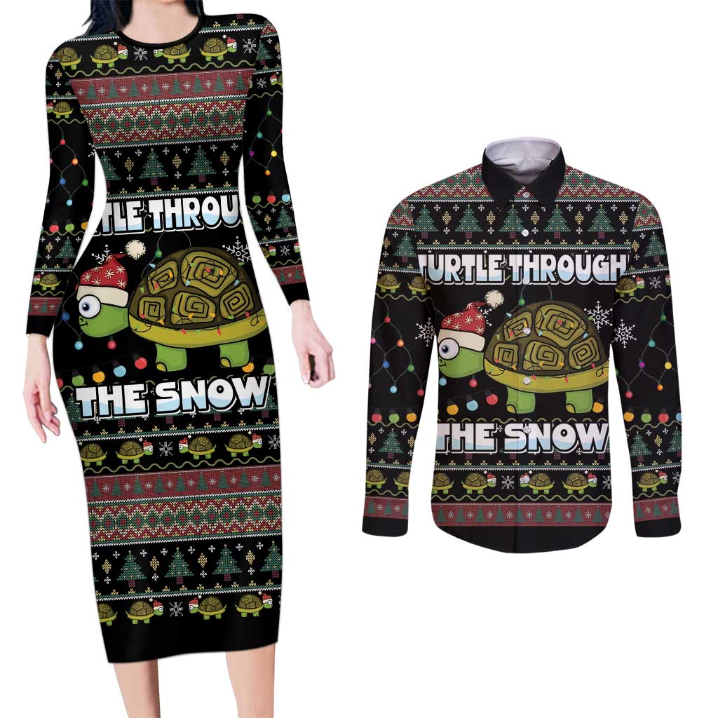 Turtle Through The Snow Christmas Couples Matching Long Sleeve Bodycon Dress and Long Sleeve Button Shirt - Wonder Print Shop