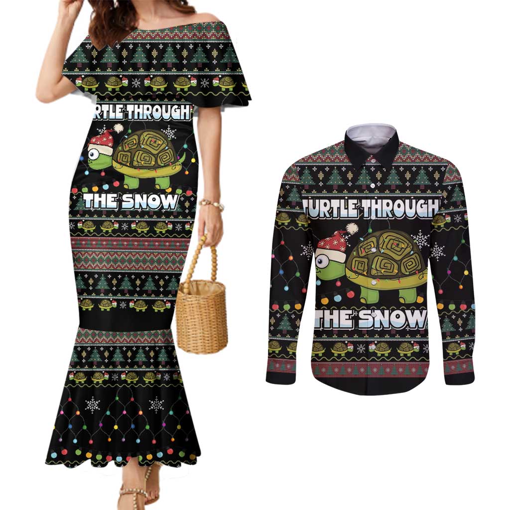Turtle Through The Snow Christmas Couples Matching Mermaid Dress and Long Sleeve Button Shirt
