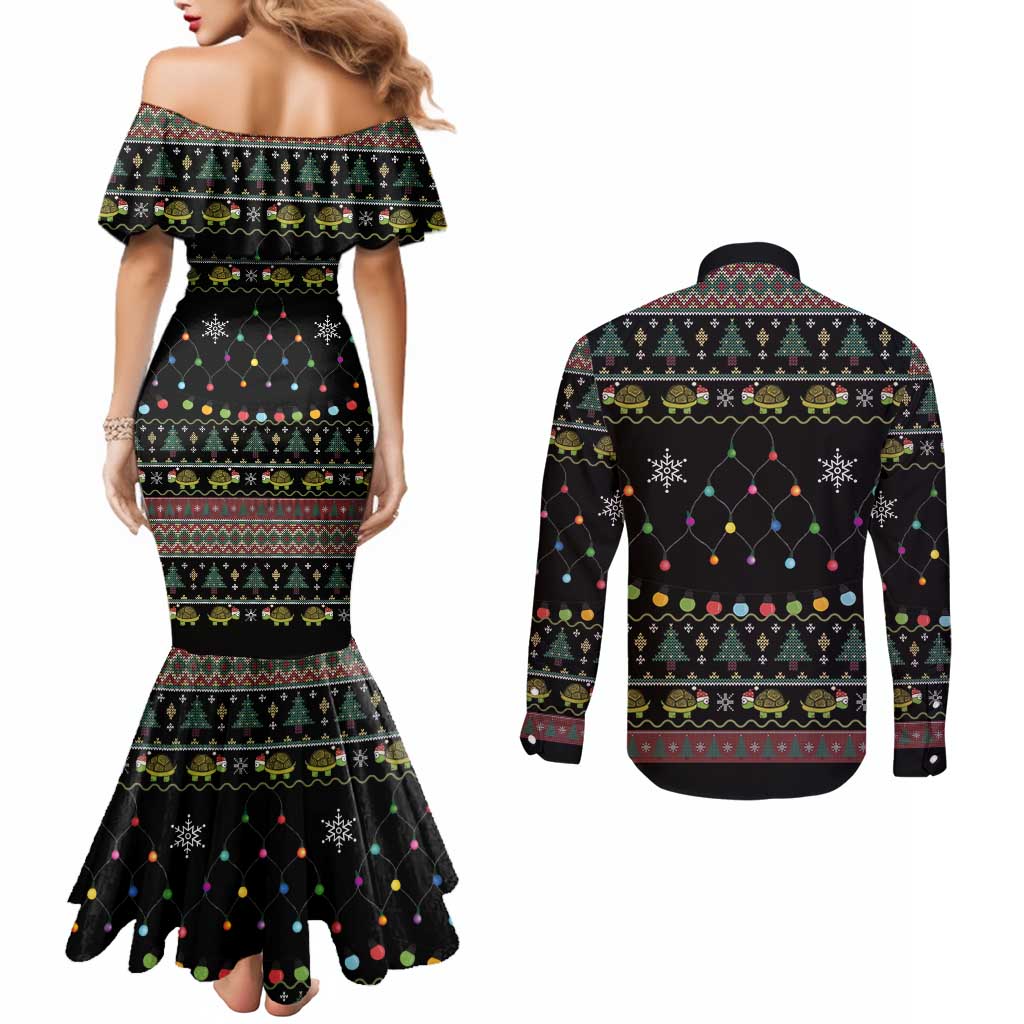 Turtle Through The Snow Christmas Couples Matching Mermaid Dress and Long Sleeve Button Shirt