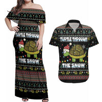 Turtle Through The Snow Christmas Couples Matching Off Shoulder Maxi Dress and Hawaiian Shirt - Wonder Print Shop