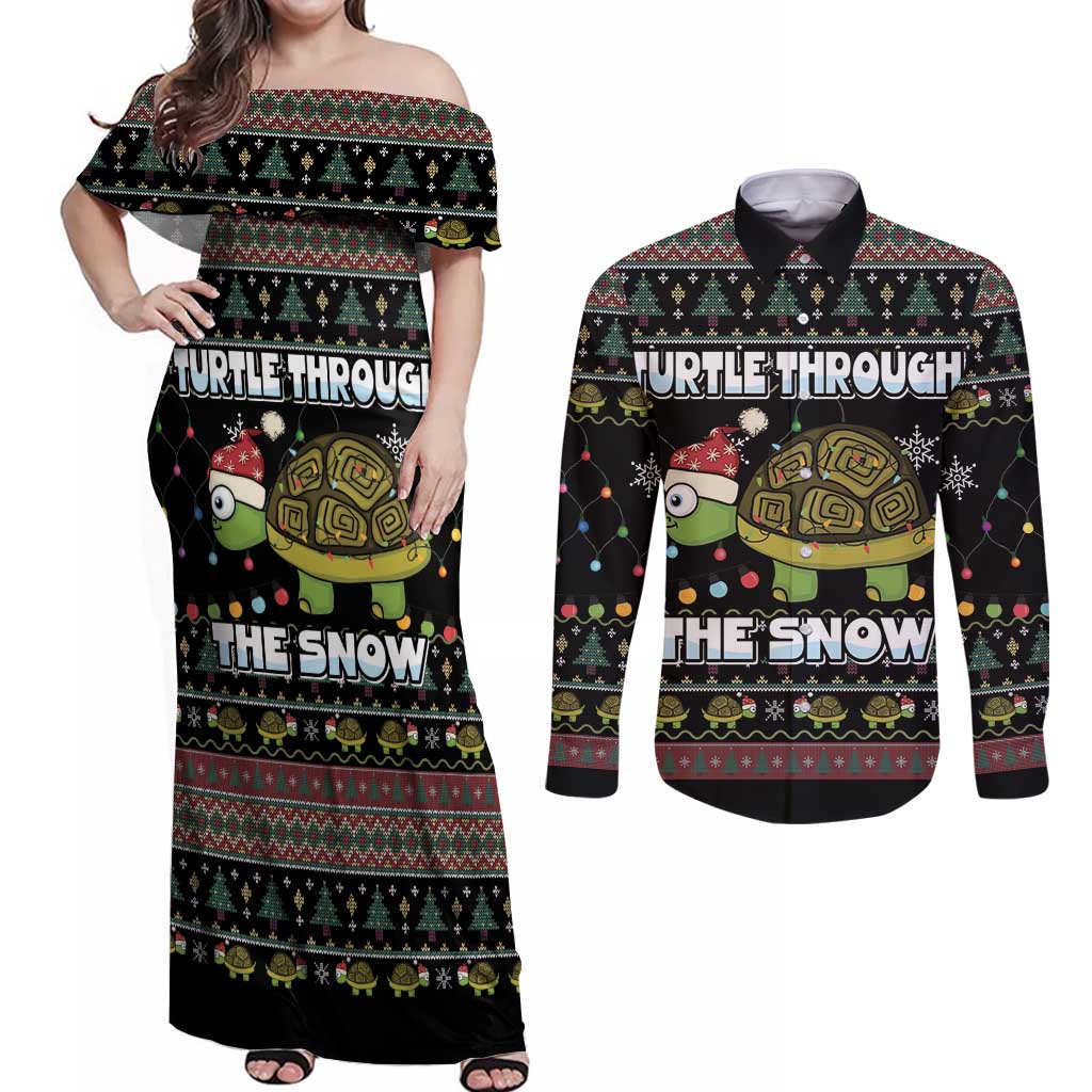 Turtle Through The Snow Christmas Couples Matching Off Shoulder Maxi Dress and Long Sleeve Button Shirt - Wonder Print Shop