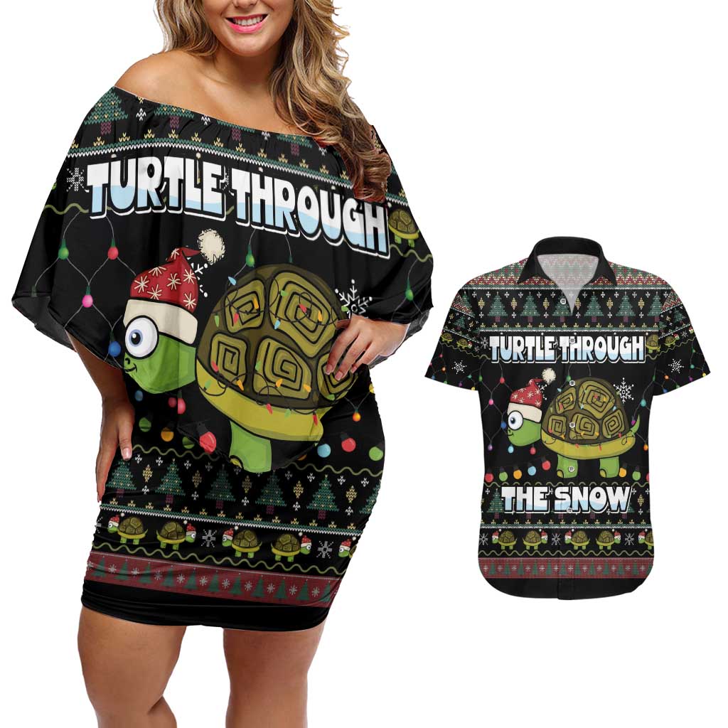 Turtle Through The Snow Christmas Couples Matching Off Shoulder Short Dress and Hawaiian Shirt - Wonder Print Shop