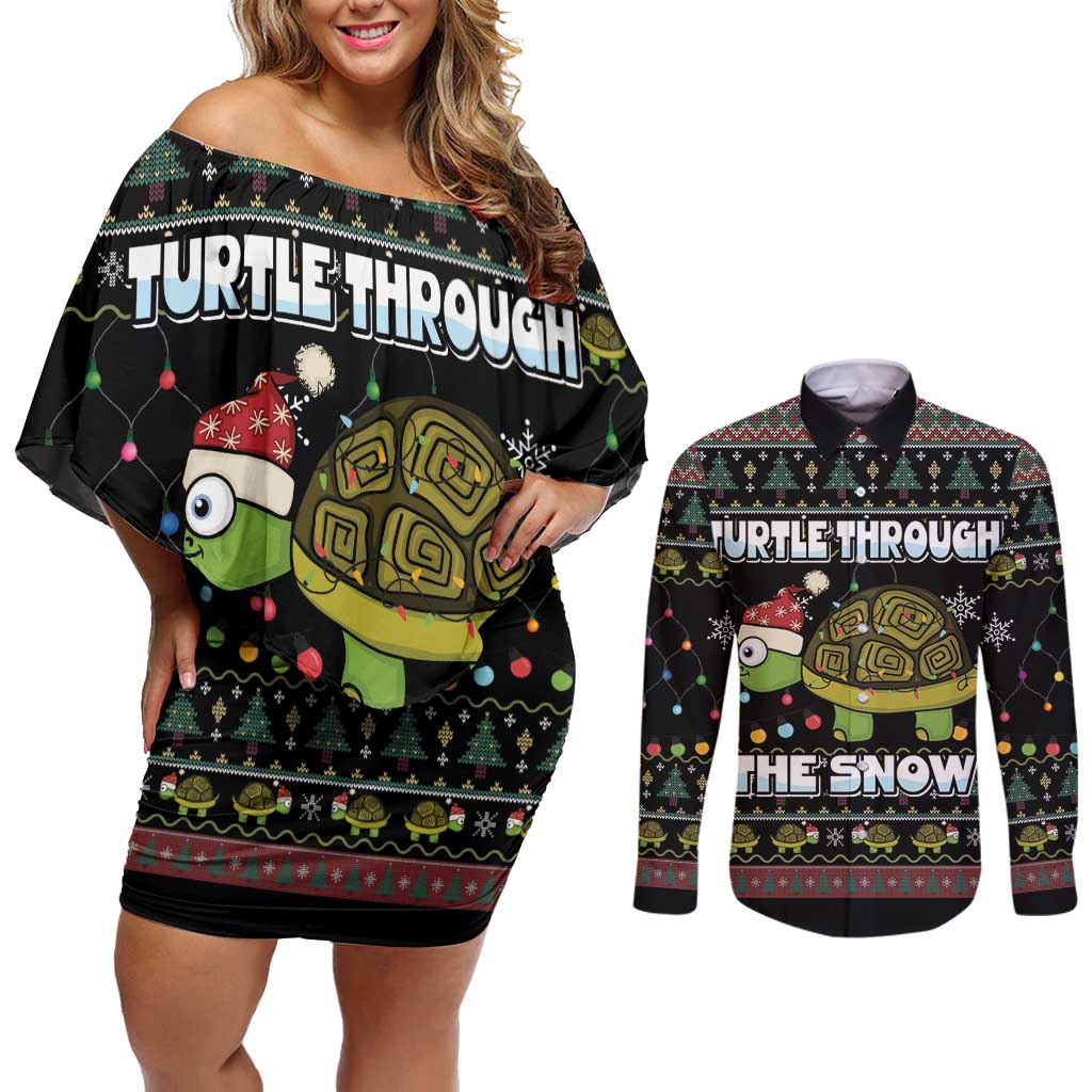 Turtle Through The Snow Christmas Couples Matching Off Shoulder Short Dress and Long Sleeve Button Shirt - Wonder Print Shop