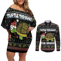 Turtle Through The Snow Christmas Couples Matching Off Shoulder Short Dress and Long Sleeve Button Shirt - Wonder Print Shop