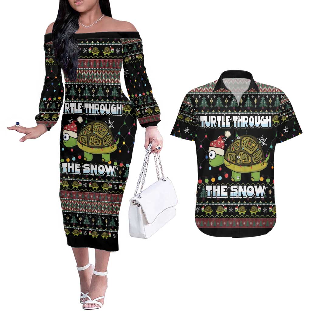 Turtle Through The Snow Christmas Couples Matching Off The Shoulder Long Sleeve Dress and Hawaiian Shirt - Wonder Print Shop