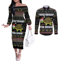 Turtle Through The Snow Christmas Couples Matching Off The Shoulder Long Sleeve Dress and Long Sleeve Button Shirt