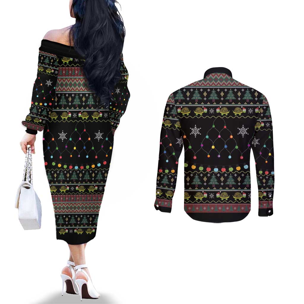 Turtle Through The Snow Christmas Couples Matching Off The Shoulder Long Sleeve Dress and Long Sleeve Button Shirt