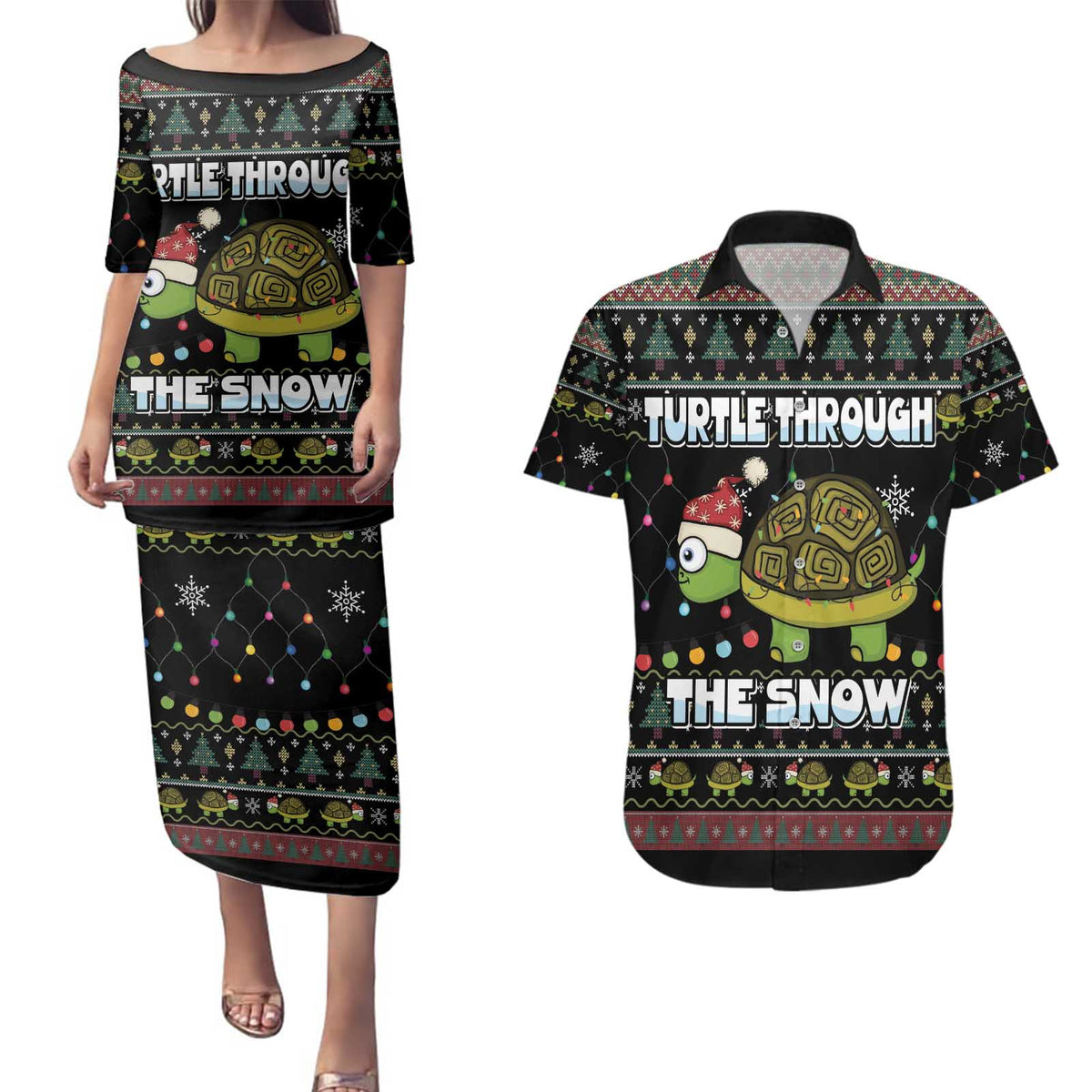 Turtle Through The Snow Christmas Couples Matching Puletasi and Hawaiian Shirt - Wonder Print Shop