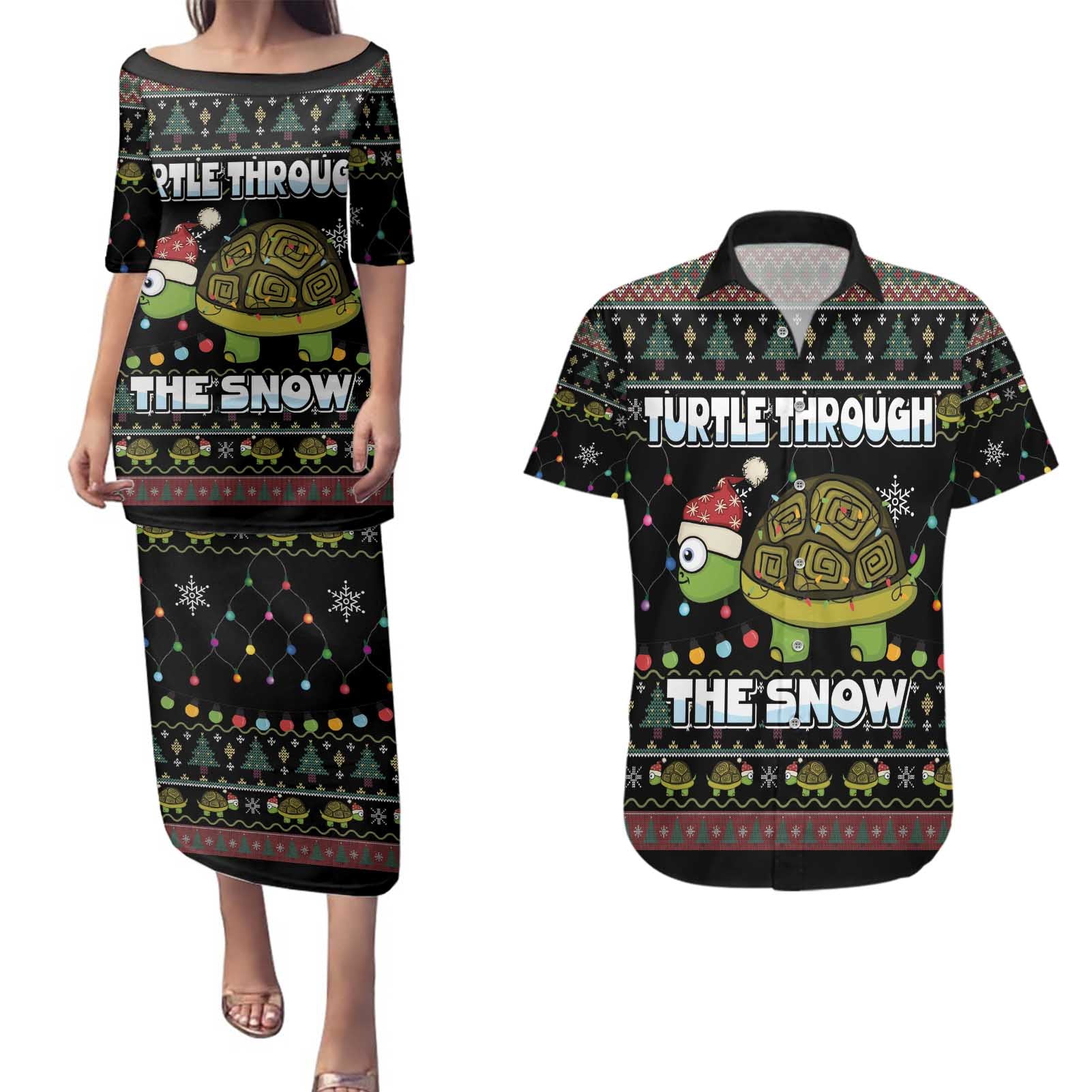 Turtle Through The Snow Christmas Couples Matching Puletasi and Hawaiian Shirt - Wonder Print Shop