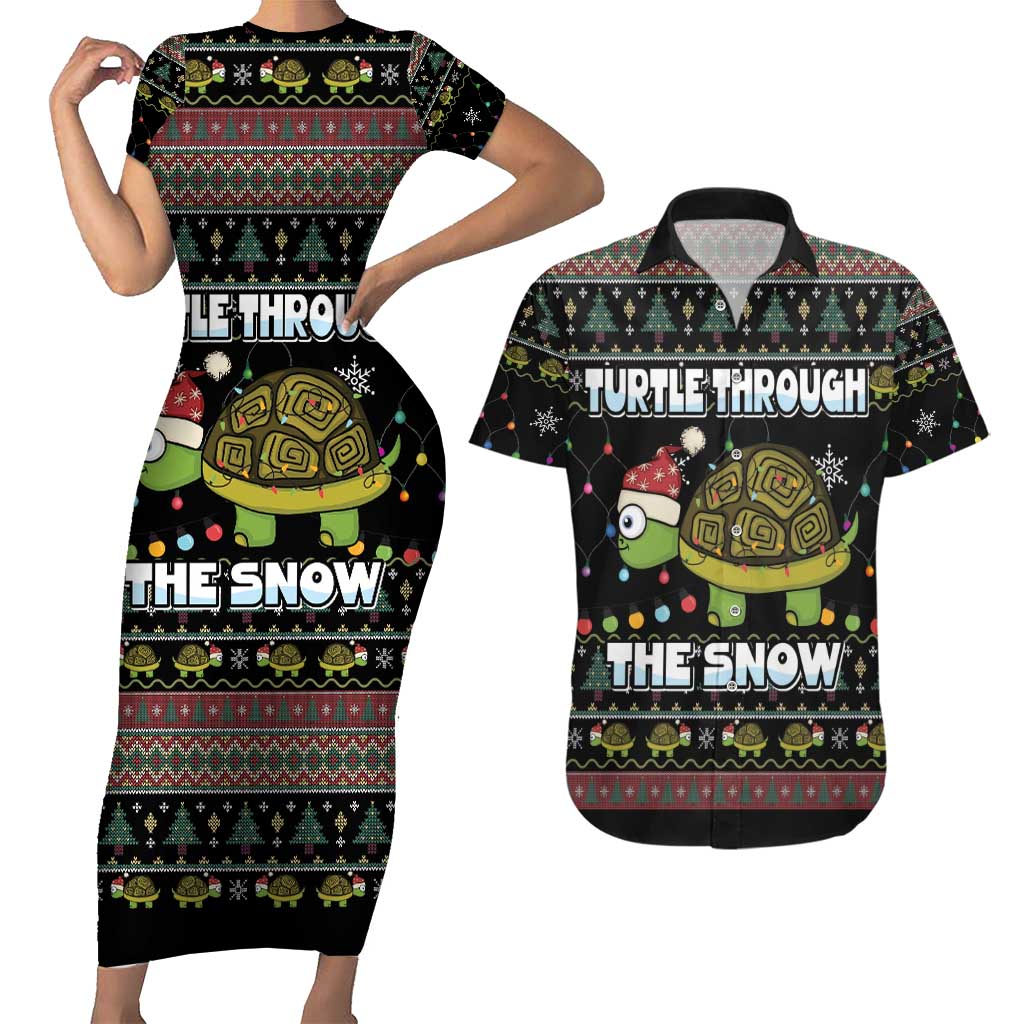 Turtle Through The Snow Christmas Couples Matching Short Sleeve Bodycon Dress and Hawaiian Shirt - Wonder Print Shop