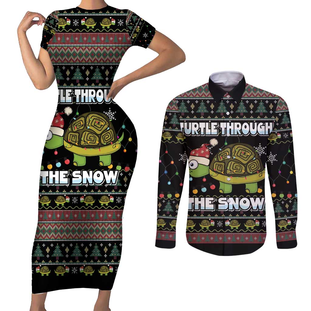 Turtle Through The Snow Christmas Couples Matching Short Sleeve Bodycon Dress and Long Sleeve Button Shirt - Wonder Print Shop