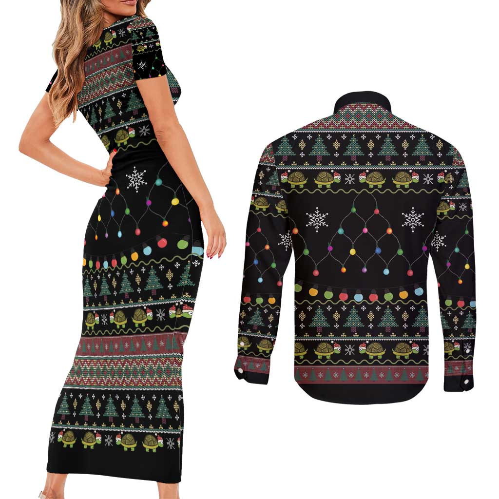 Turtle Through The Snow Christmas Couples Matching Short Sleeve Bodycon Dress and Long Sleeve Button Shirt - Wonder Print Shop