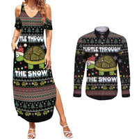 Turtle Through The Snow Christmas Couples Matching Summer Maxi Dress and Long Sleeve Button Shirt - Wonder Print Shop
