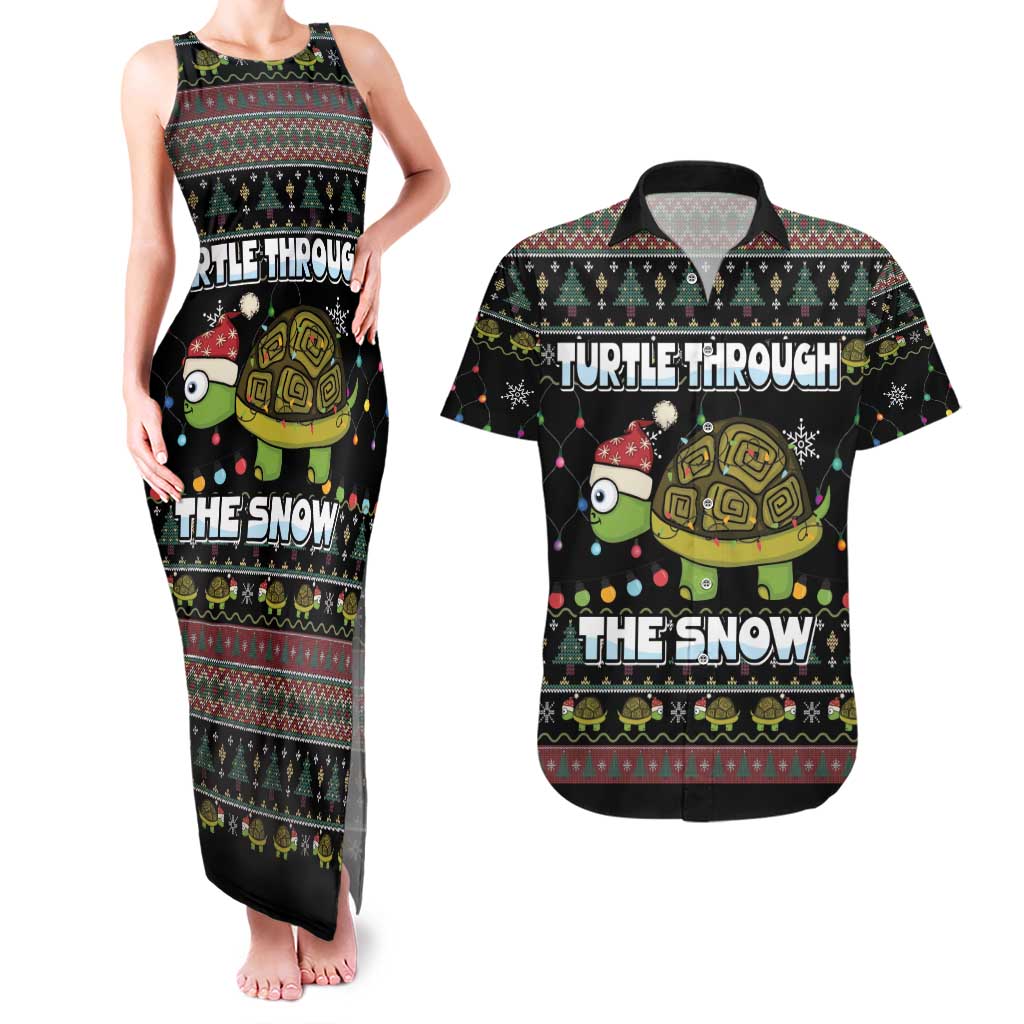 Turtle Through The Snow Christmas Couples Matching Tank Maxi Dress and Hawaiian Shirt - Wonder Print Shop