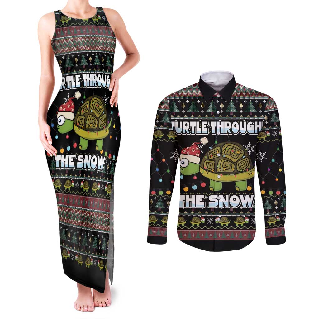 Turtle Through The Snow Christmas Couples Matching Tank Maxi Dress and Long Sleeve Button Shirt - Wonder Print Shop