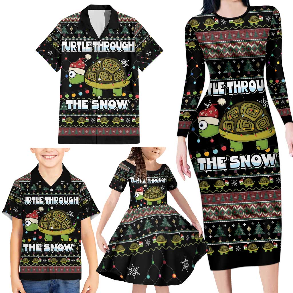 Turtle Through The Snow Christmas Family Matching Long Sleeve Bodycon Dress and Hawaiian Shirt - Wonder Print Shop