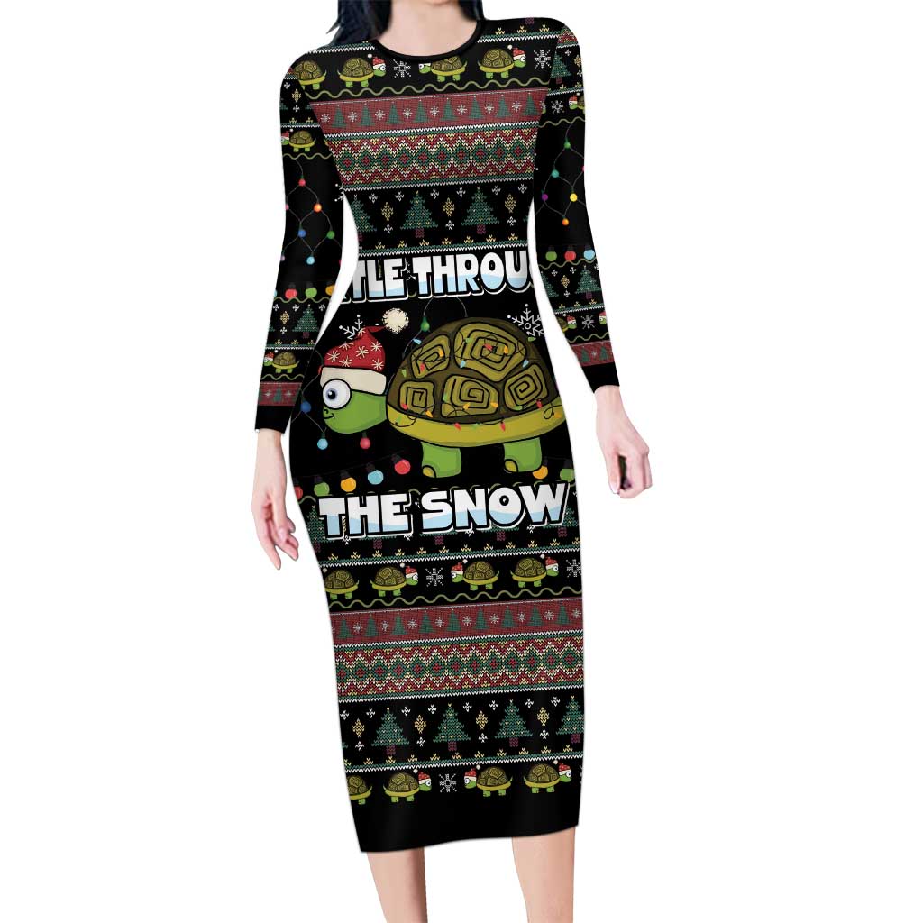 Turtle Through The Snow Christmas Family Matching Long Sleeve Bodycon Dress and Hawaiian Shirt - Wonder Print Shop