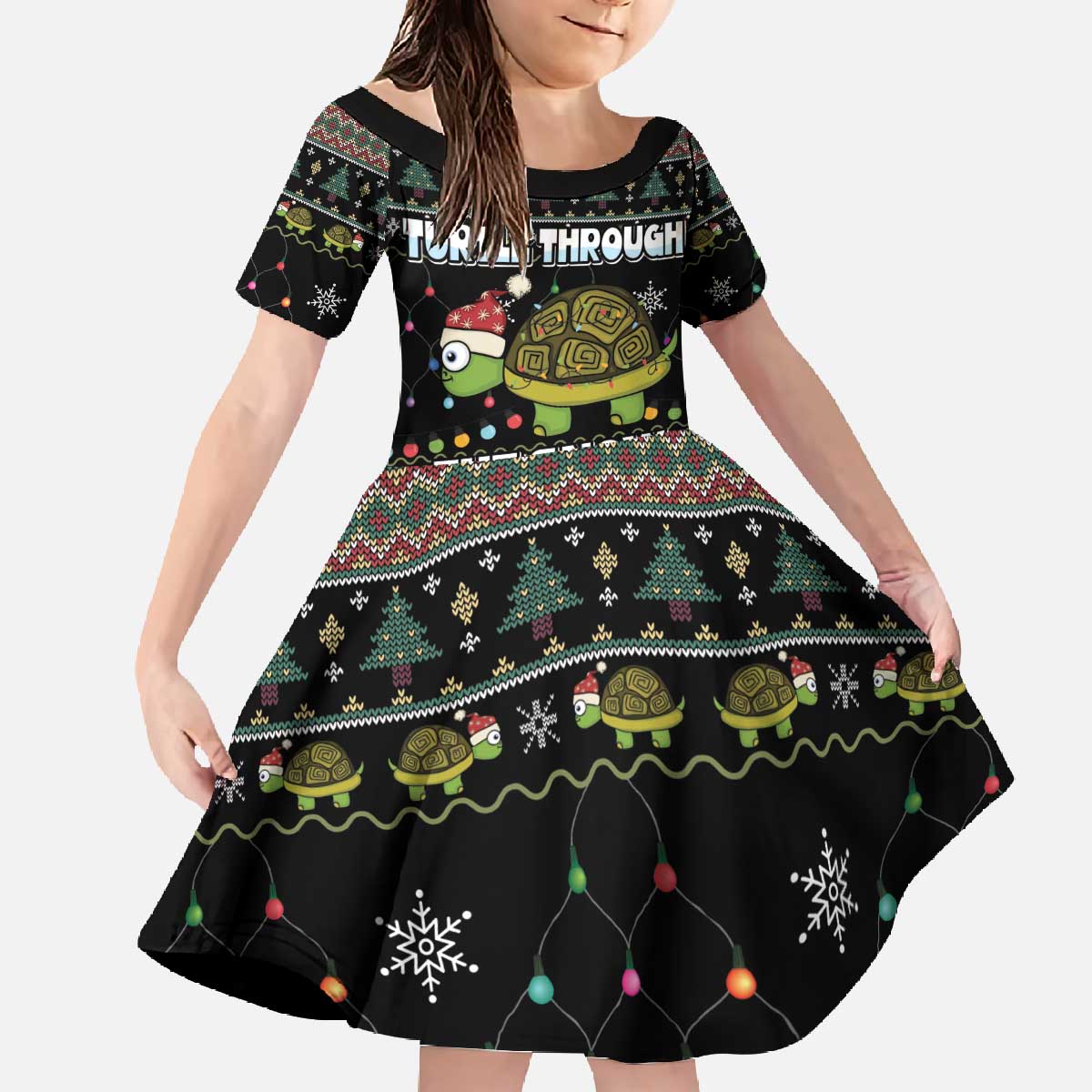 Turtle Through The Snow Christmas Family Matching Off The Shoulder Long Sleeve Dress and Hawaiian Shirt - Wonder Print Shop