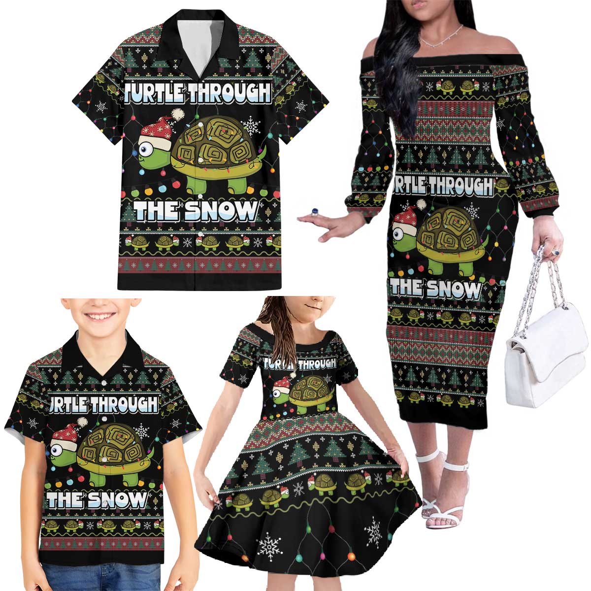 Turtle Through The Snow Christmas Family Matching Off The Shoulder Long Sleeve Dress and Hawaiian Shirt - Wonder Print Shop