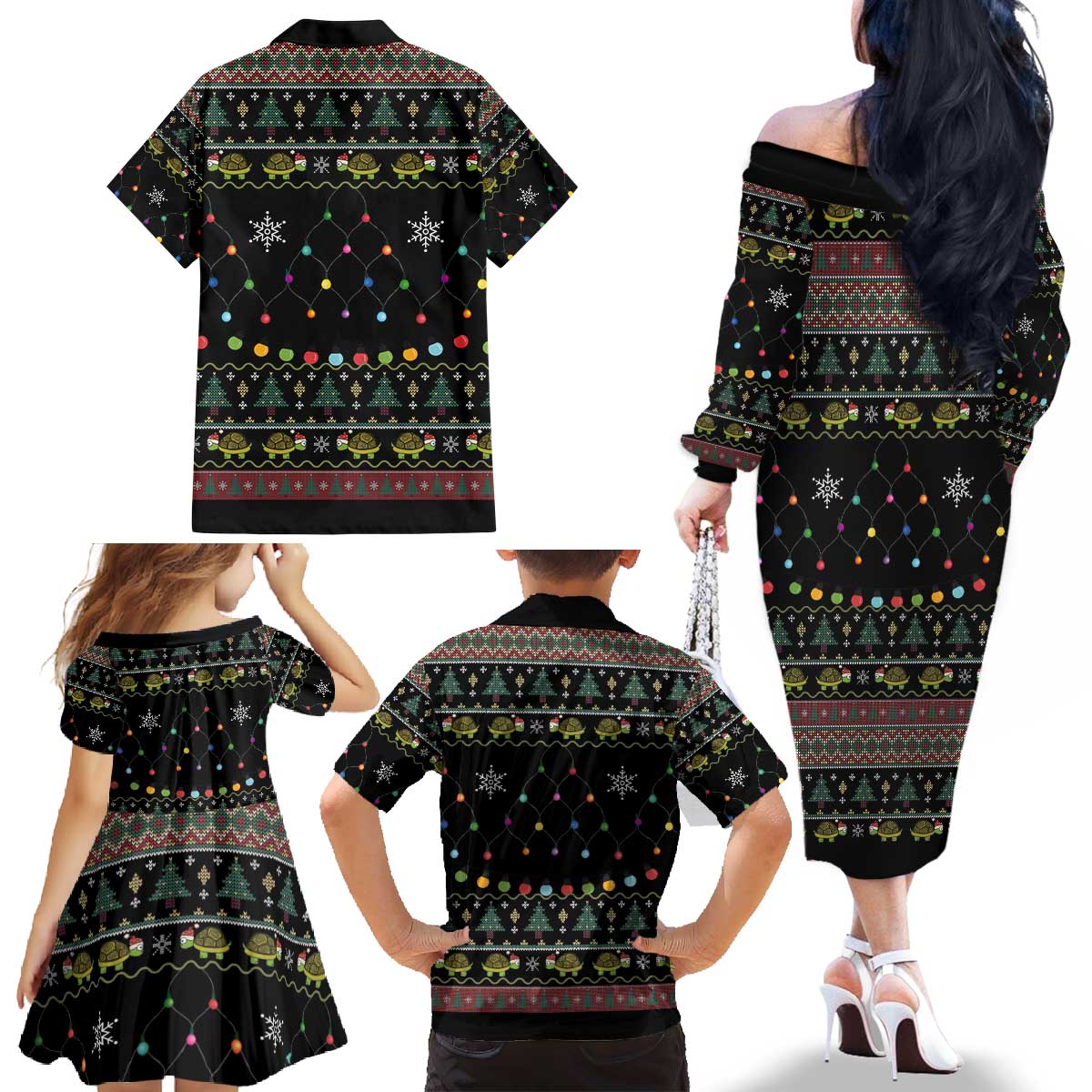 Turtle Through The Snow Christmas Family Matching Off The Shoulder Long Sleeve Dress and Hawaiian Shirt - Wonder Print Shop