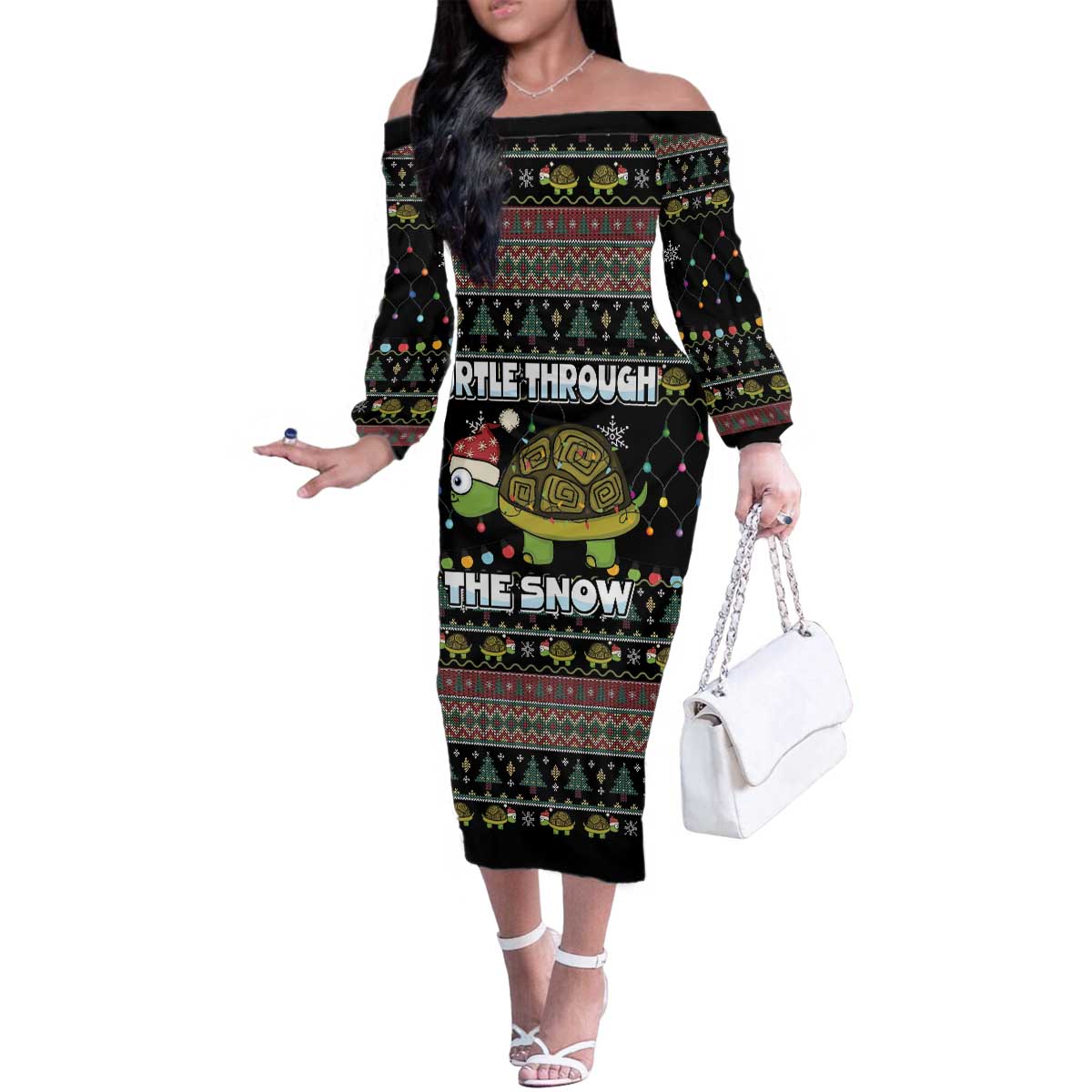Turtle Through The Snow Christmas Family Matching Off The Shoulder Long Sleeve Dress and Hawaiian Shirt - Wonder Print Shop