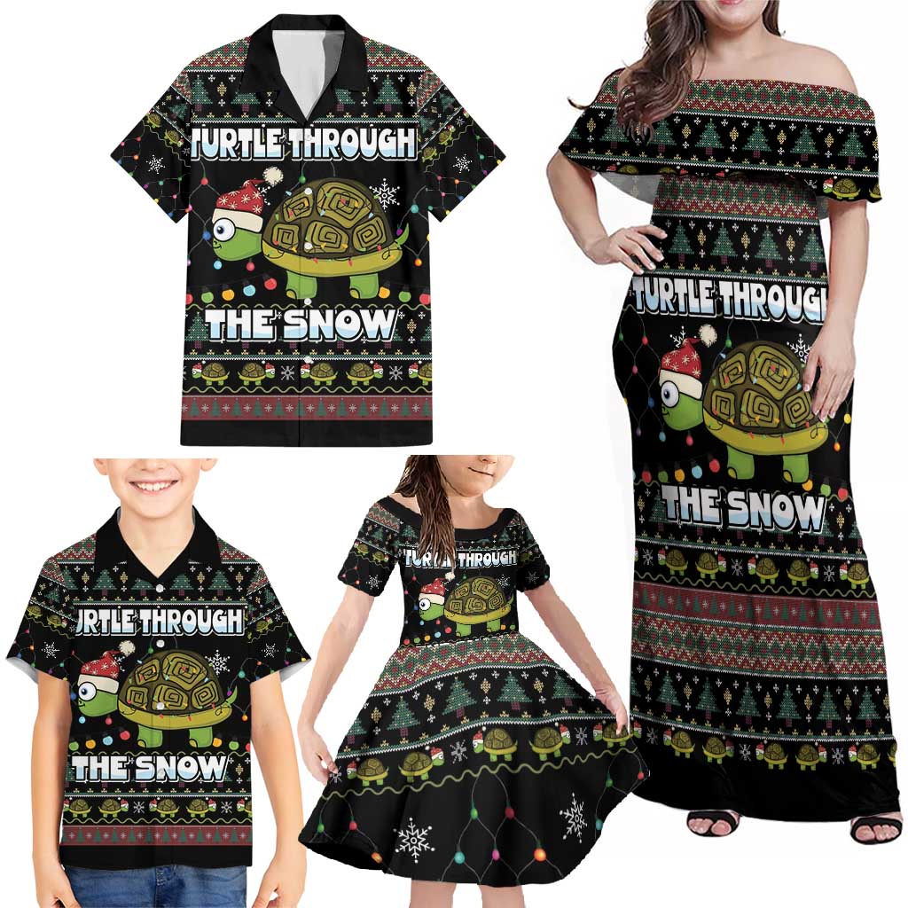 Turtle Through The Snow Christmas Family Matching Off Shoulder Maxi Dress and Hawaiian Shirt - Wonder Print Shop