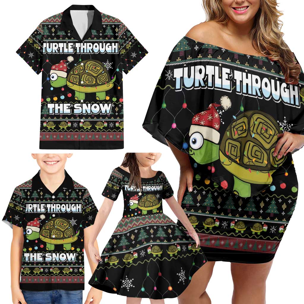 Turtle Through The Snow Christmas Family Matching Off Shoulder Short Dress and Hawaiian Shirt - Wonder Print Shop