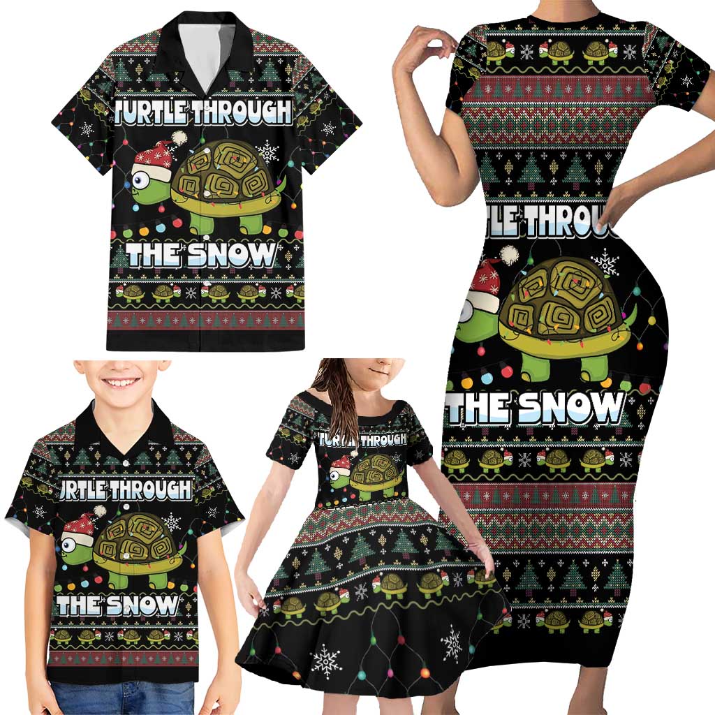 Turtle Through The Snow Christmas Family Matching Short Sleeve Bodycon Dress and Hawaiian Shirt - Wonder Print Shop