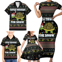 Turtle Through The Snow Christmas Family Matching Short Sleeve Bodycon Dress and Hawaiian Shirt - Wonder Print Shop