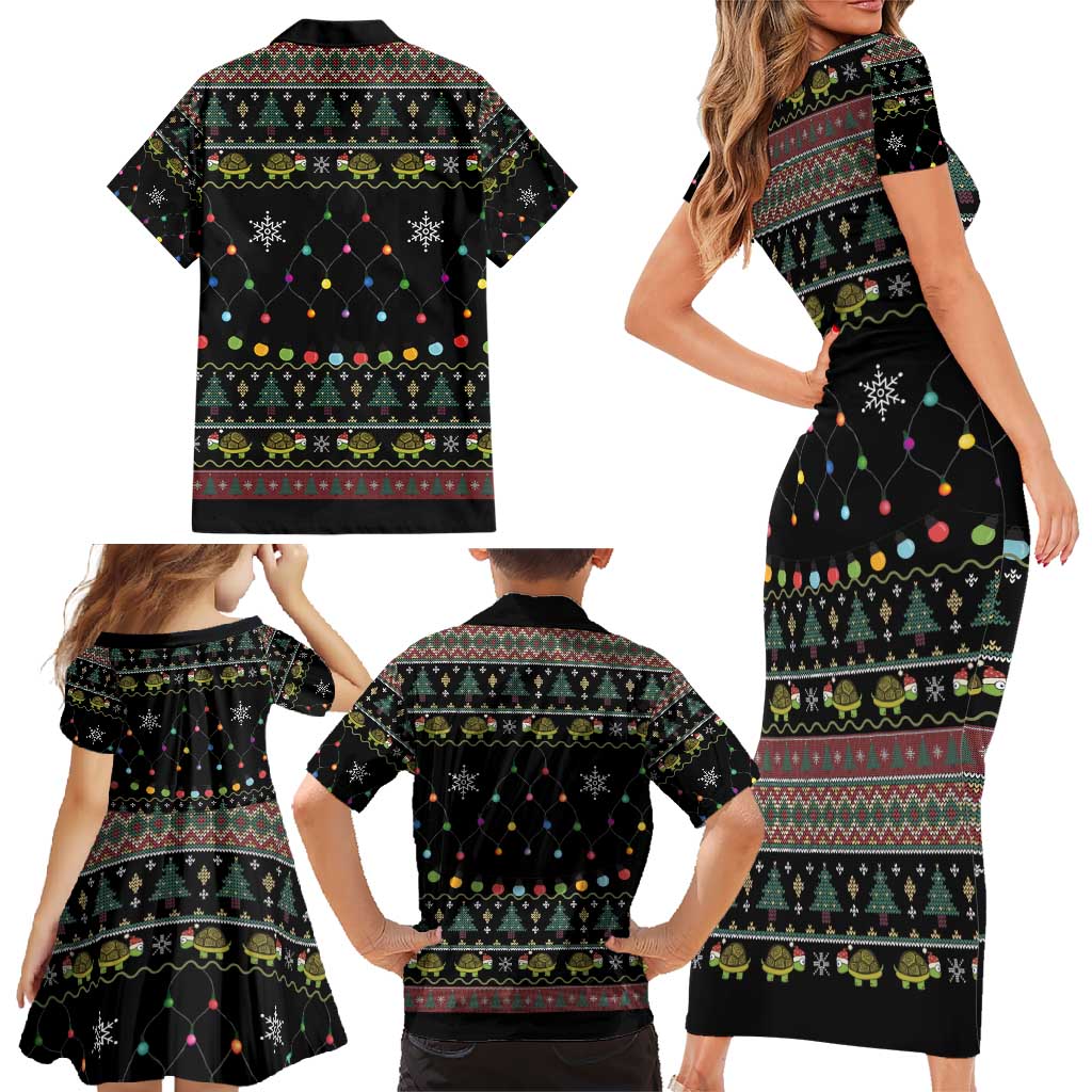 Turtle Through The Snow Christmas Family Matching Short Sleeve Bodycon Dress and Hawaiian Shirt - Wonder Print Shop