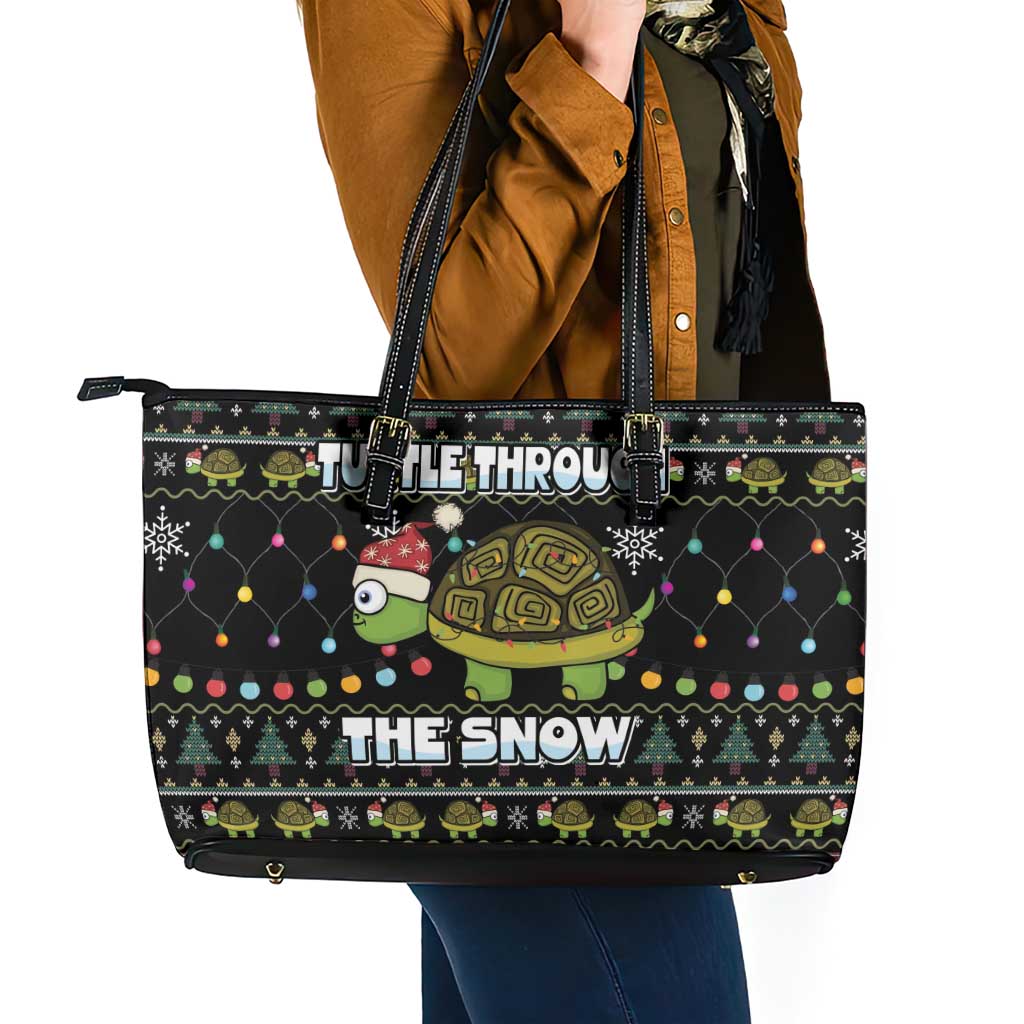 Turtle Through The Snow Christmas Leather Tote Bag - Wonder Print Shop
