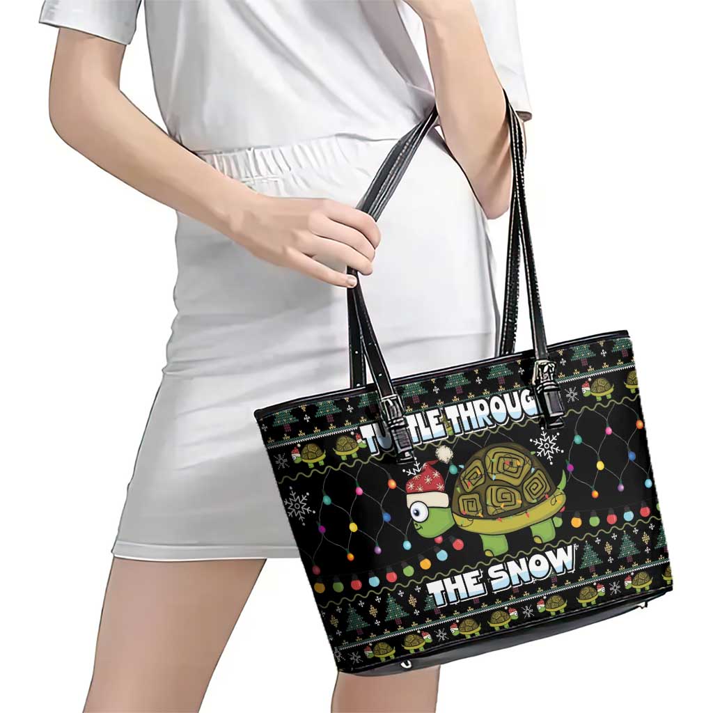 Turtle Through The Snow Christmas Leather Tote Bag - Wonder Print Shop