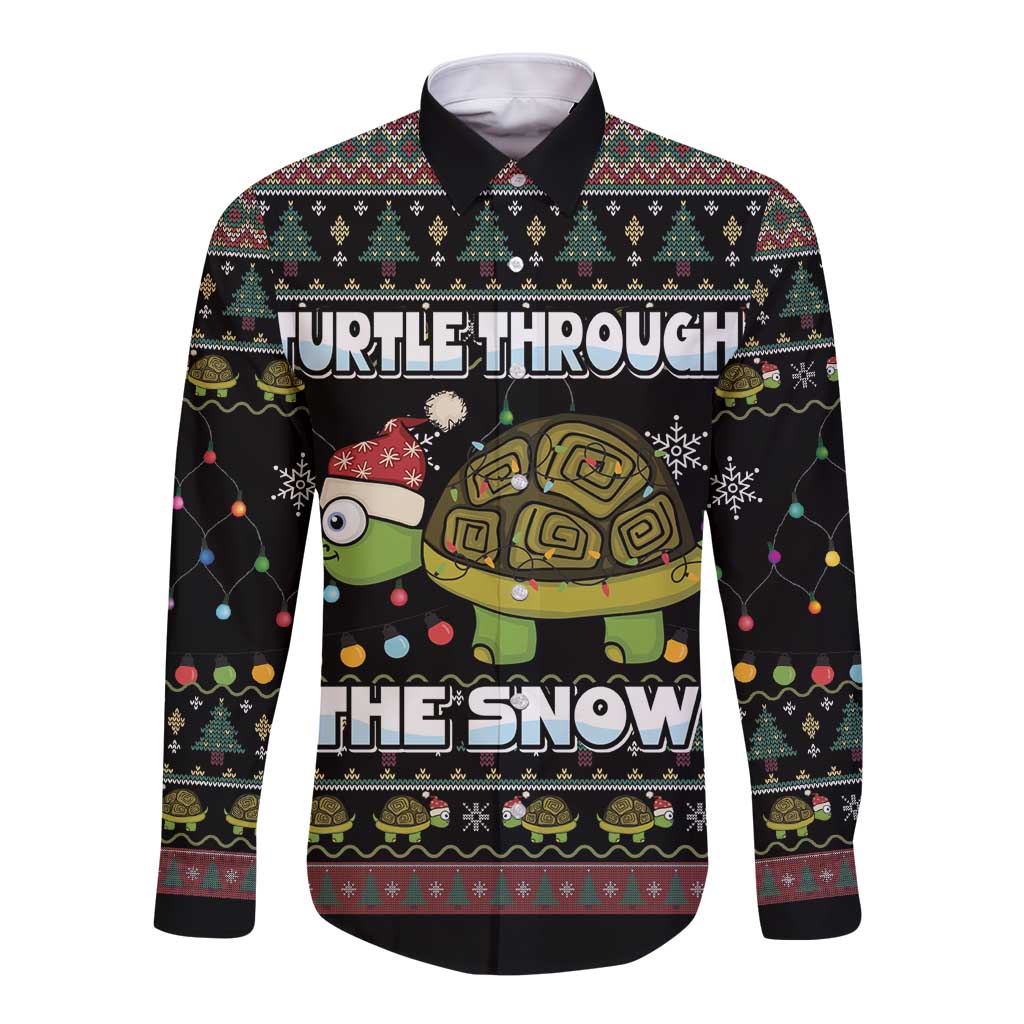 Turtle Through The Snow Christmas Long Sleeve Button Shirt - Wonder Print Shop