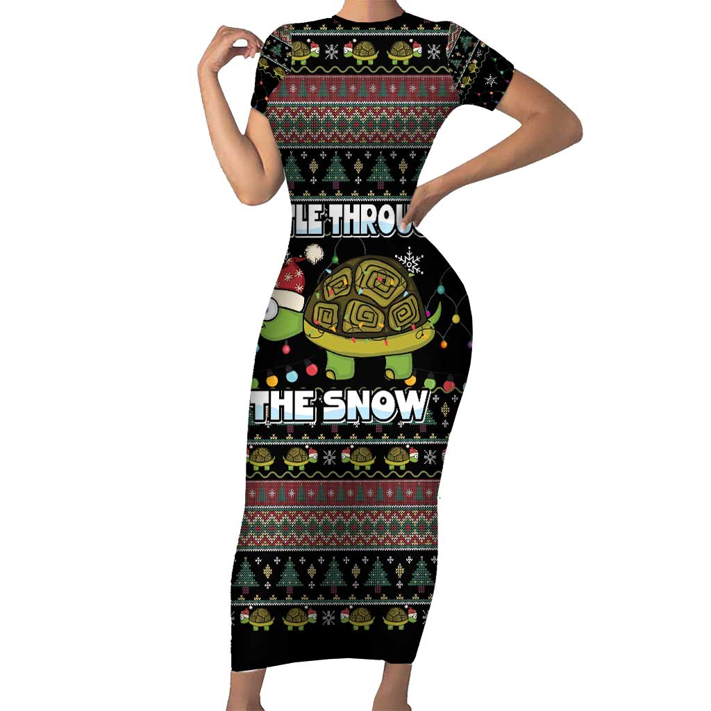 Turtle Through The Snow Christmas Short Sleeve Bodycon Dress - Wonder Print Shop